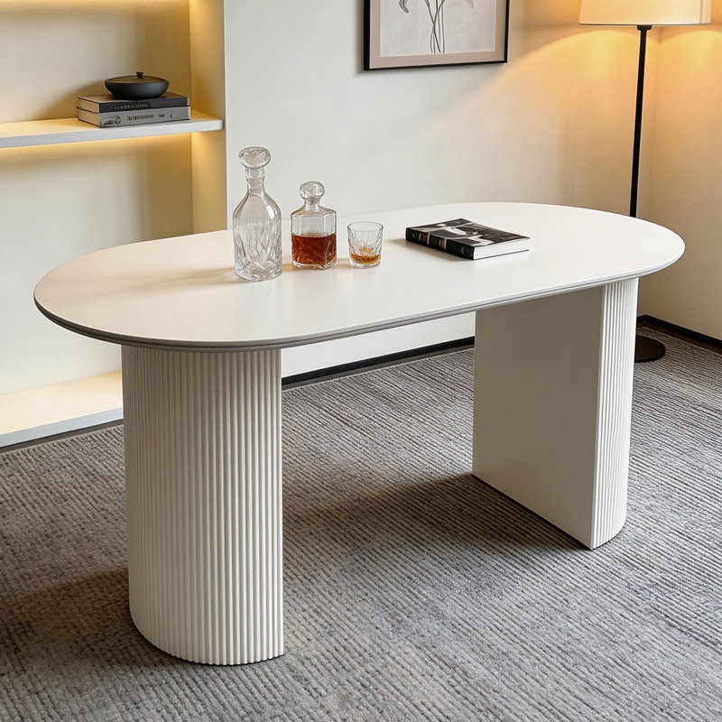 White Sintered Stone Oval Dining Table, 160cm Matt Marble Vein with Double Semi-Cylindrical Legs Fast Dispatch From UK Warehouse – Dispatched Within 2 Days