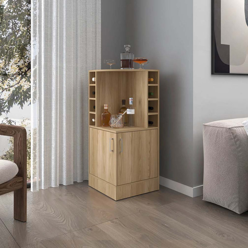 Bar en chêne naturel avec porte-bouteilles et tablette ouverte, Bois naturel