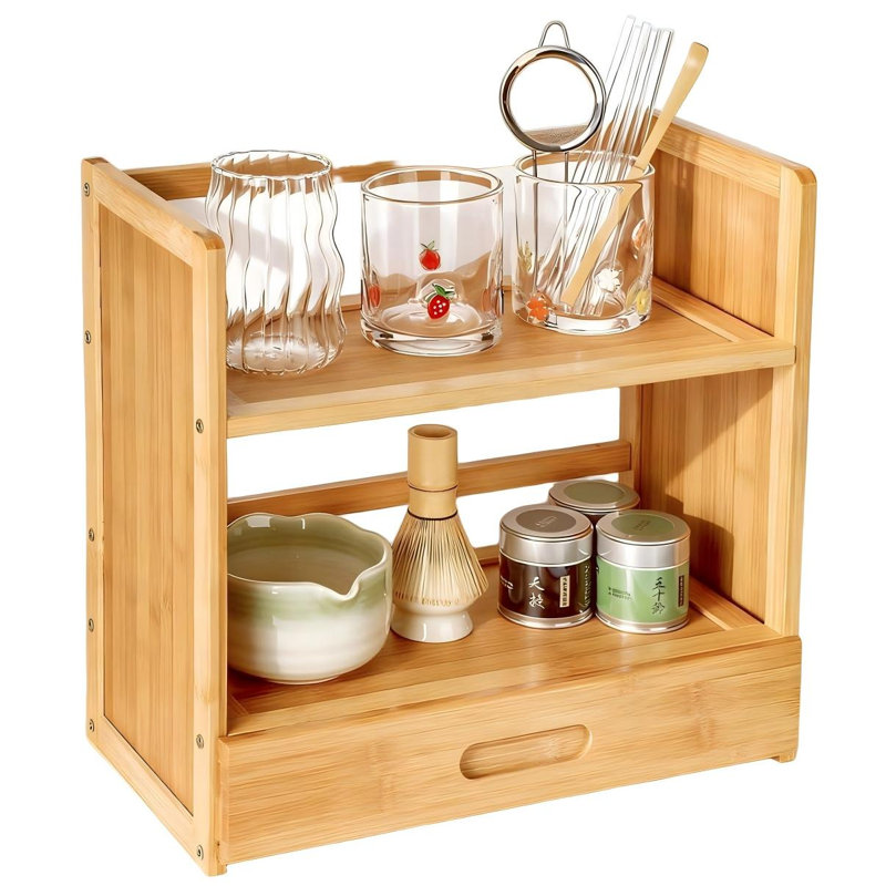 2-Tier Bamboo Shelf With Hidden Drawer