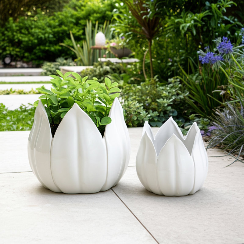Sagebrook Home 2-Pieces Petal Planters, White, White, 7" H x 8" W x 8" D