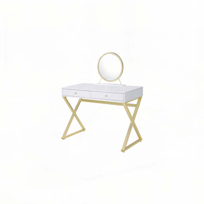 Coleen White & Gold Finish Vanity Desk W/Mirror & Jewelry Tray