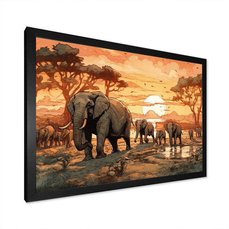 Safari orange orange avec éléphants I - impression, Cadre photo noir, H 12 po x l 20 po x P 1 po