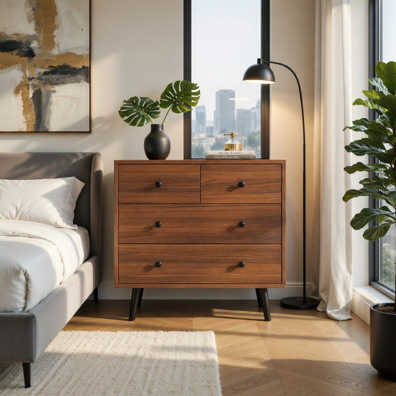 Wide 4-Drawer Wooden Dresser, Bedroom & Living Room Storage Cabinet with Anti-Tip Kit, Engineered Wood Construction, Walnut