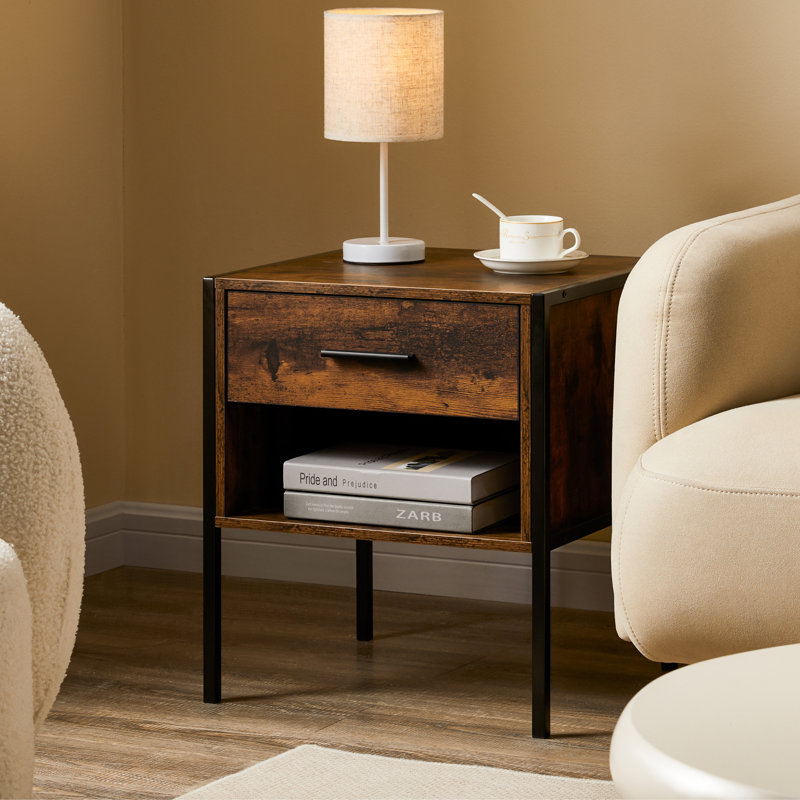Oscar 1 Drawer Industrial Bedside Table with Metal Frame and Open Shelf, Dark Wood