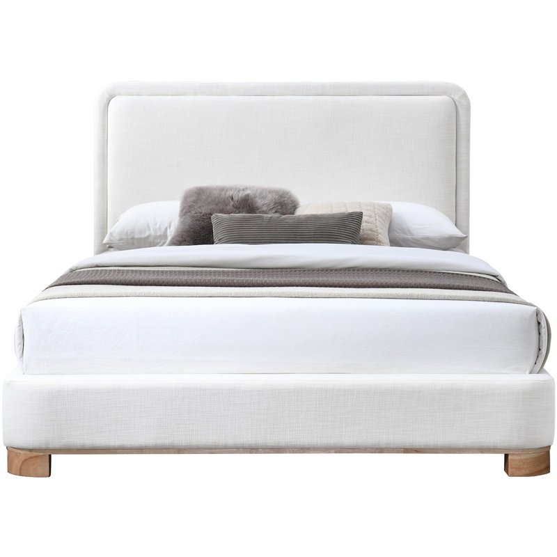 Lit plateforme tapissier en bois massif Nolita Tilman, Crème lin texture tissu / teint naturel, Double