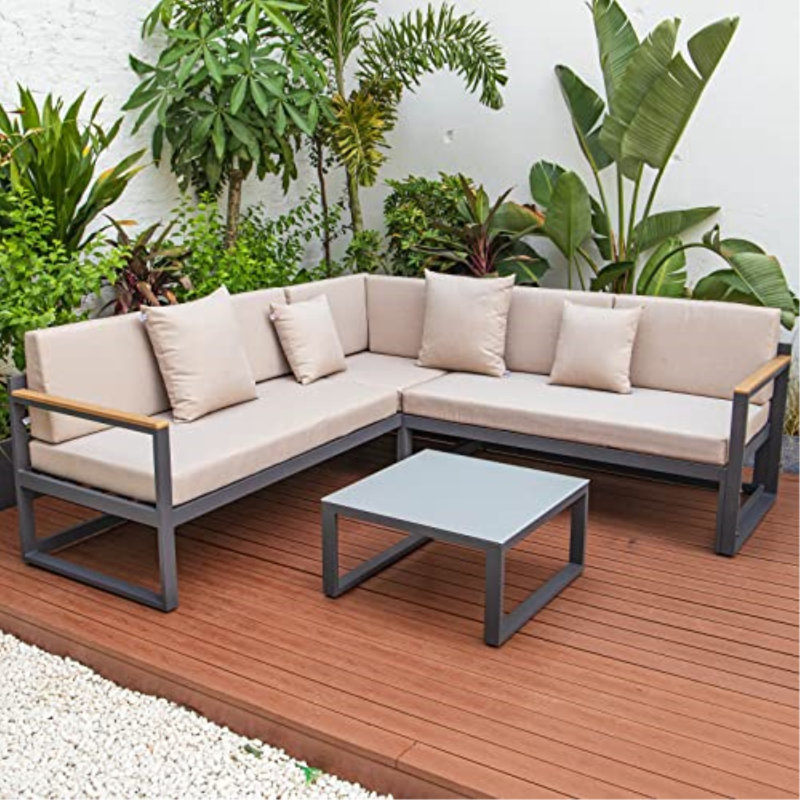 Ensemble de conversation d'extérieur en aluminium noir 3 pièces avec canapé, causeuse et table basse Zahava, Beige