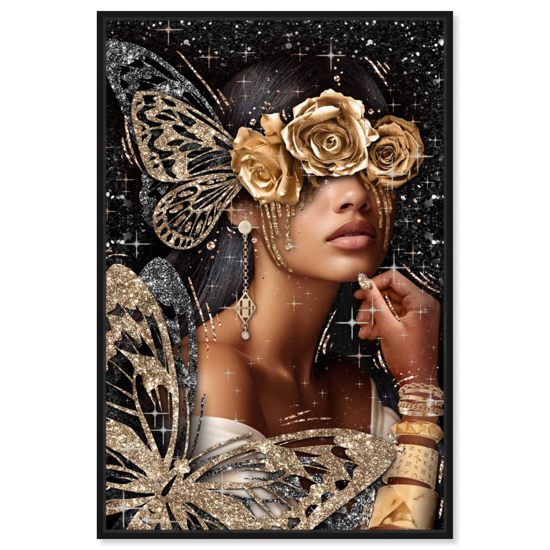 Toile dorée «Golden Butterfly Goddess» par Art Remedy, Cadre noir, H 25 po x l 17 po