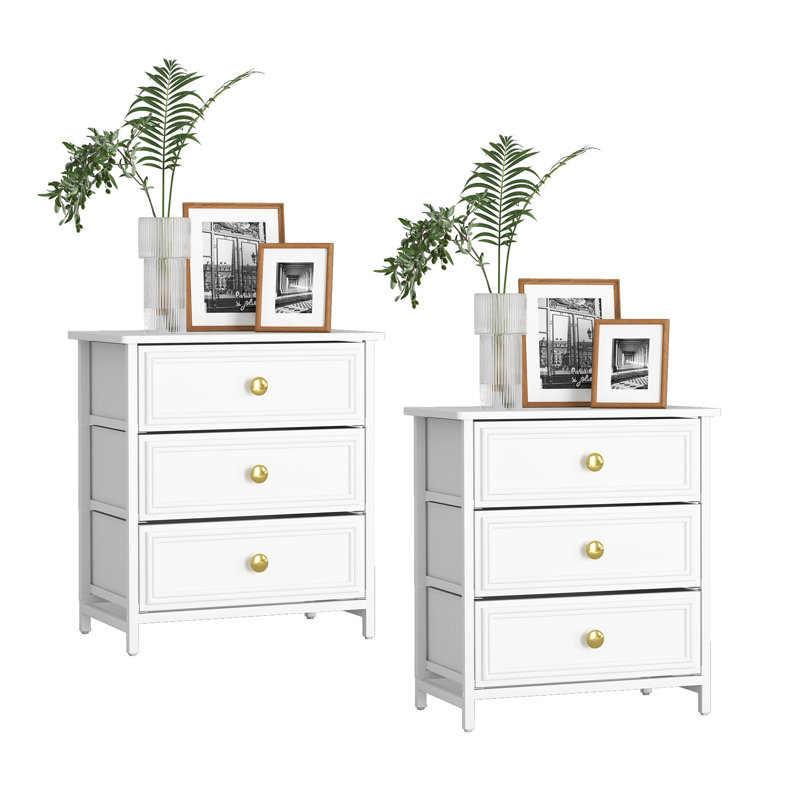 3 Fabric Drawers Nightstand With Metal Frame Set Of 2, White