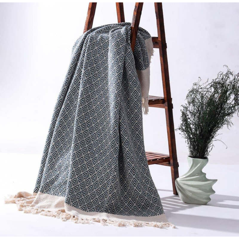 Ivory and Teal Blue Cotton Peacock Throw Blanket with Fringe