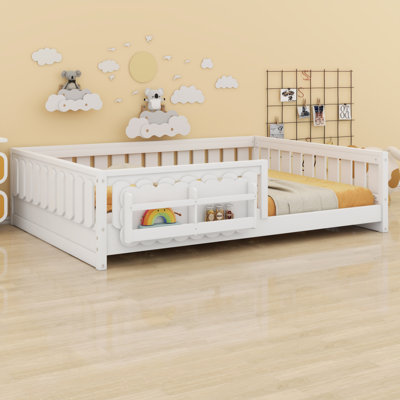 Functional Wood Platform Bed with Safety Guardrail & Convenient Storage Shelves