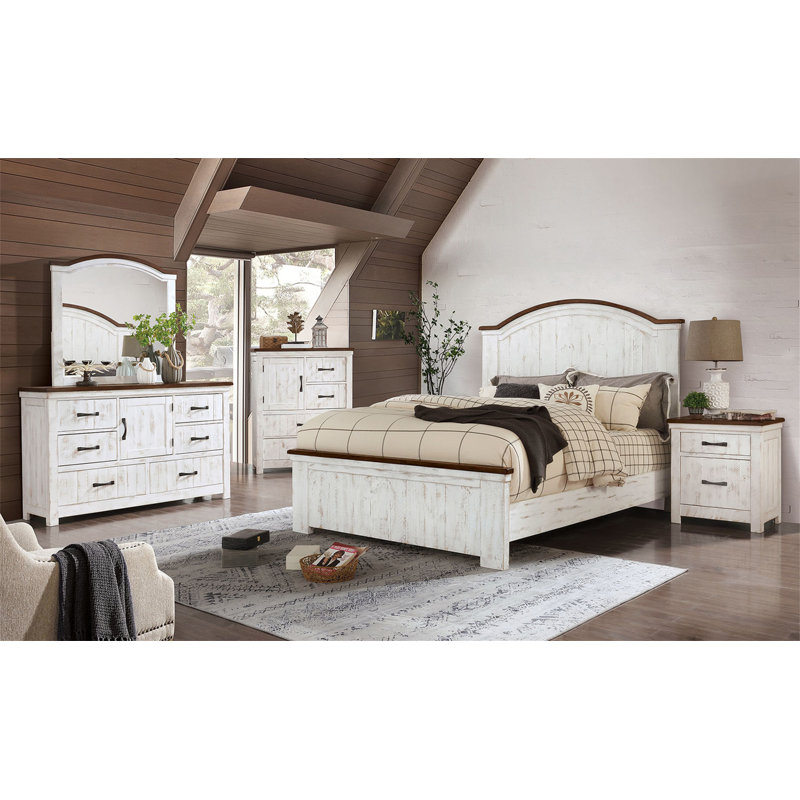 Commode en métal de style transitionnel moderne de 1 pièce avec quatre tiroirs et une planche d'armoire au fini blanc vieilli et noyer
