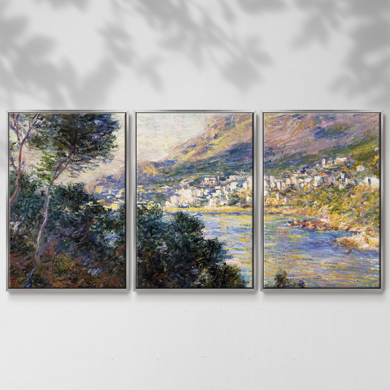 Monte Carlo vu de Roquebrune, 1884, reproduction sur toile 3 pièces, Argent, H 40 po x l 78 po x P 2 po