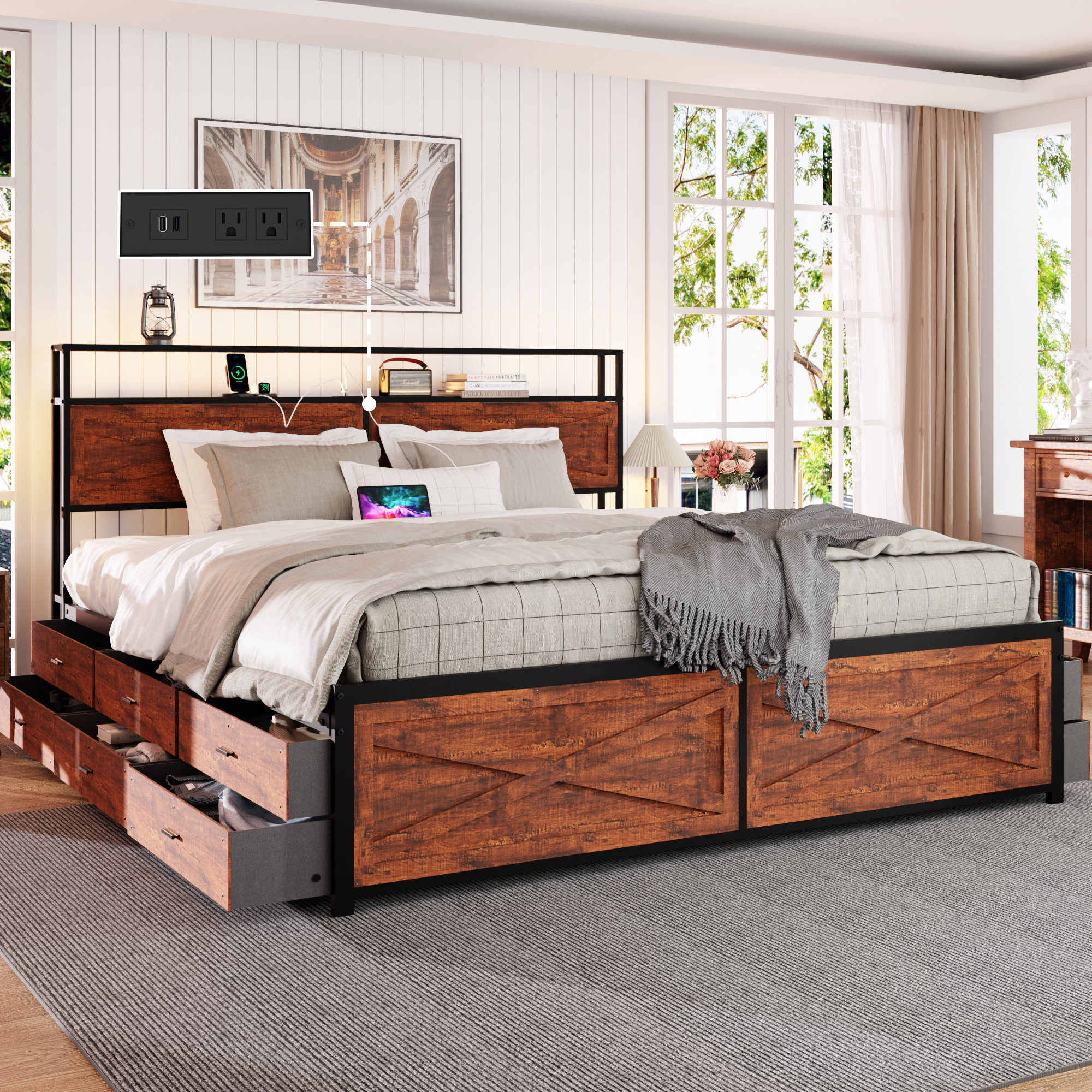 Gracie Oaks LED Bed Frame with Storage Headboard and 12 Drawers ...