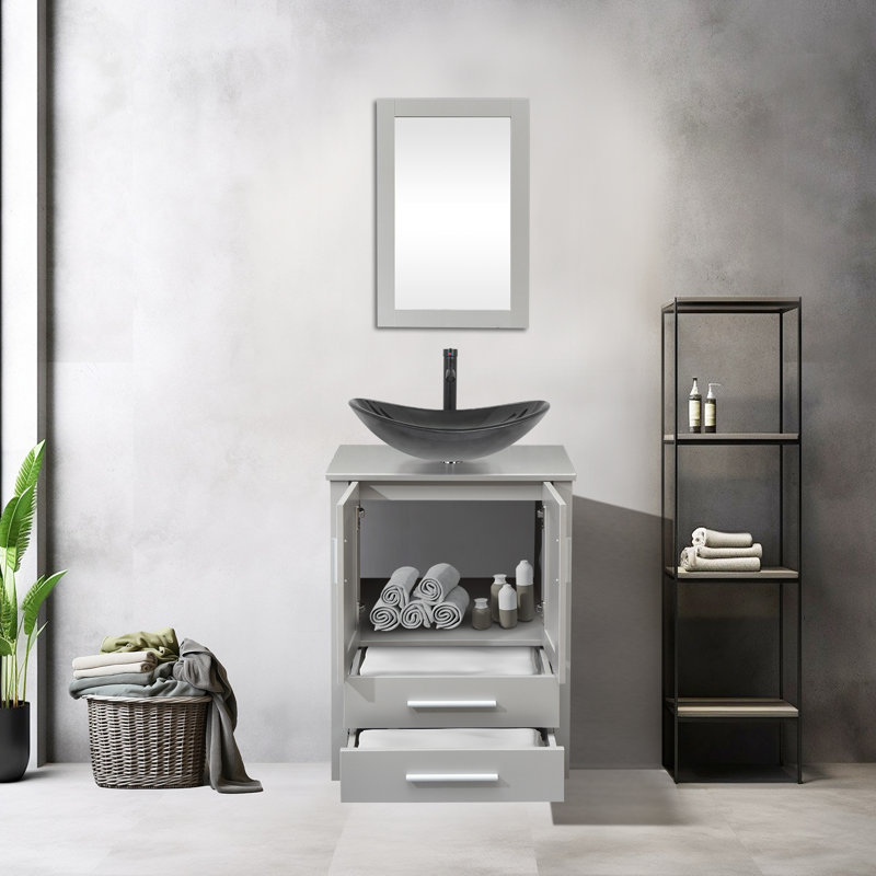 Ensemble de meuble-lavabo simple 24 po Allexus, Noir, Gris, Gris / Noir
