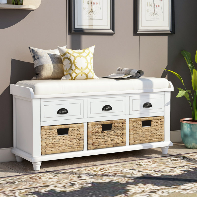 Banc de rangement rustique avec 3 tiroirs et 3 paniers en rotin, banc à chaussures pour le salon, vestibule