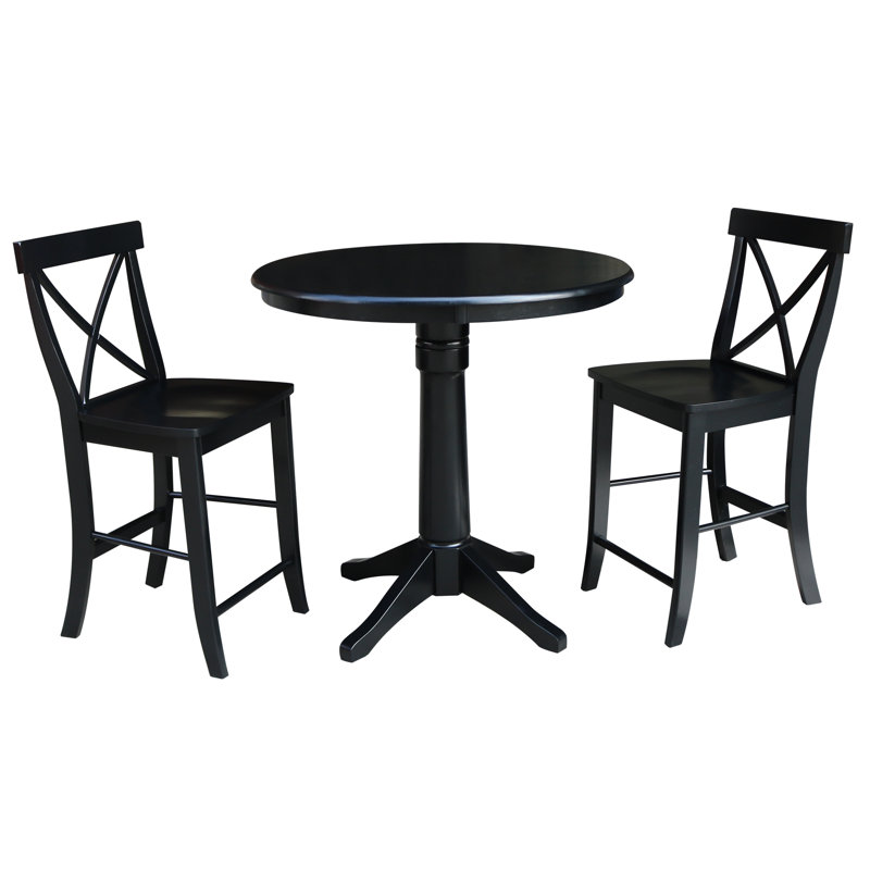 Ensemble de salle à manger en bois massif à hauteur de comptoir 3 pièces Dorchen, H 35,9 po x L 36 po x l 36 po, Noir
