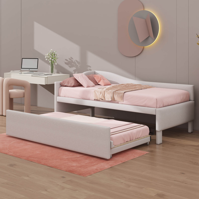 Canapé-lit simple en L rembourré en forme de L avec lit gigogne relevable, Beige