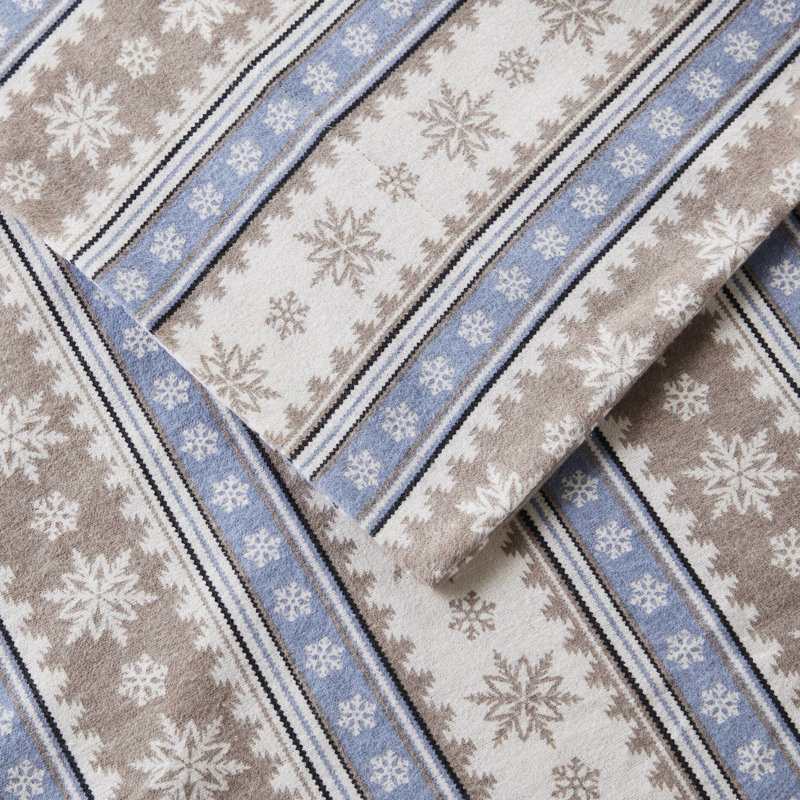 Ensemble de 3 draps en flanelle de coton à 100% avec flocon de neige bleu, simple / double pour matelas de 12 po, élastique, 1 plat et 2 taies d'oreiller, flocon de neige lavable à la machine, grand / très grand / très grand 14 po