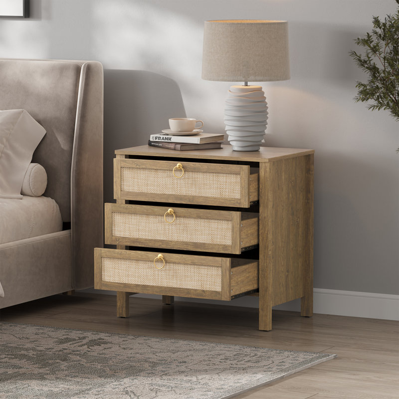 Pomodoro Boho-Inspired Rattan Nightstand With 3-Drawer, Cherry