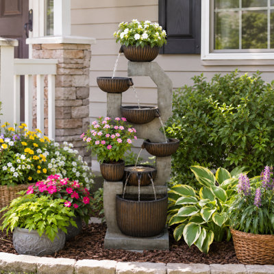 Rustic 6-Tier Cascading Outdoor Water Fountain with LED Lights & Planter, 57" Tall Concrete-Look Resin Water Feature for Garden Patio Backyard Decor