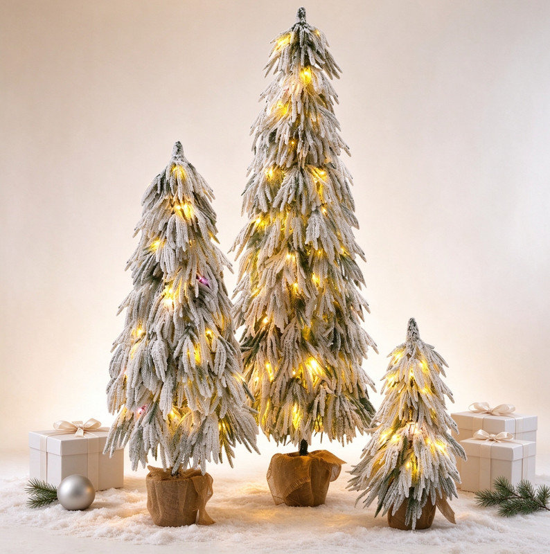 Ensemble de 3 sapins de Noël enneigé pré-éclairés, modes à DEL réglables, base de pot en toile de jute pour le style des Fêtes, ensemble de 3