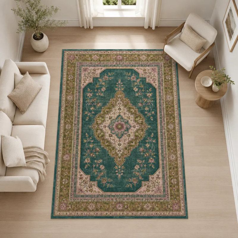 Oriental Cotton and Chenille Flatweave Area Rug, 200 cm round