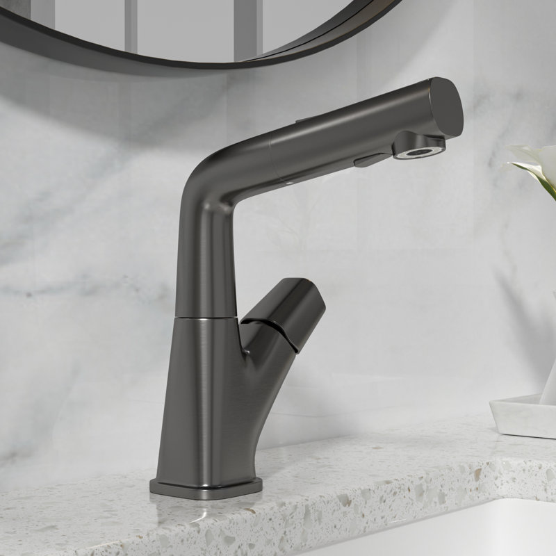 3-Functions Single Hole Single Handle Stainless Steel Pull Out Bathroom Sink Faucet, Gunmetal Black