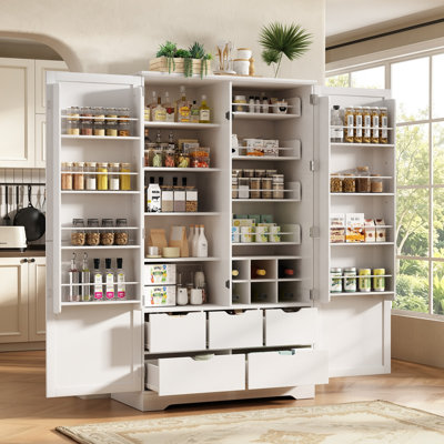 72" Kitchen Pantry Cabinet, Freestanding Storage Cabinet with 5 Drawers, 4 Pull-Out Trays, 8 Door Racks and Adjustable Shelves