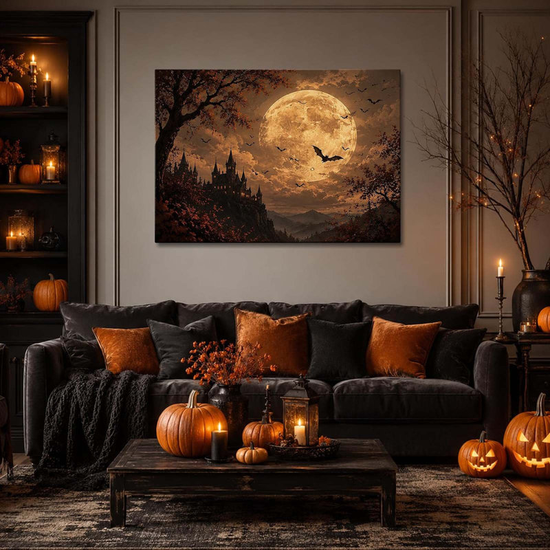 Halloween Canvas Wall Art, Haunted Castle and Full Moon Halloween Pictures 40x30cm