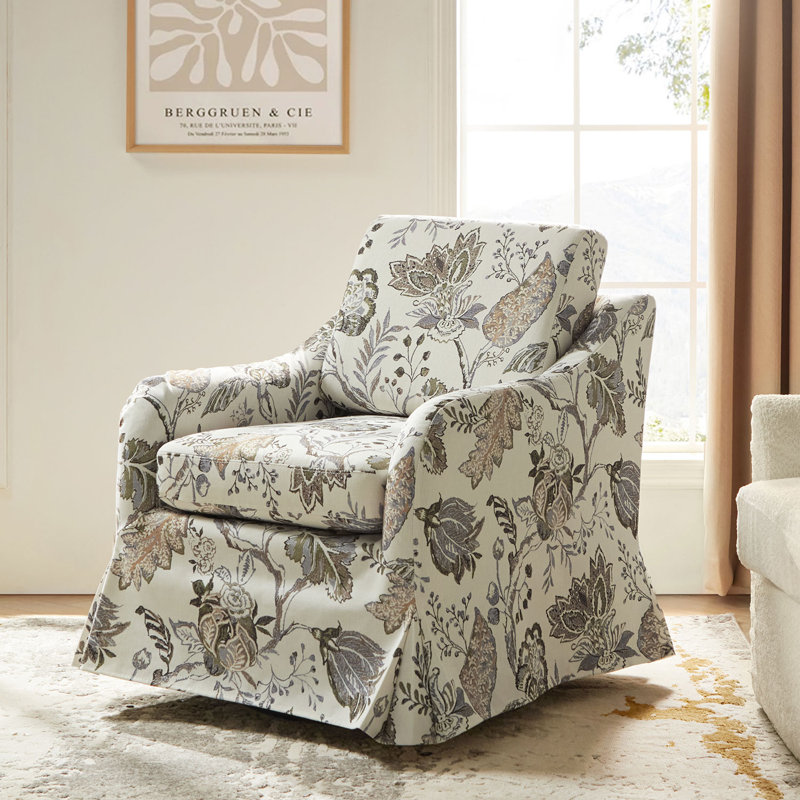 Asman Farmhouse Upholstered Slipcovered Swivel Armchair, Jeacobean Polyester Blend