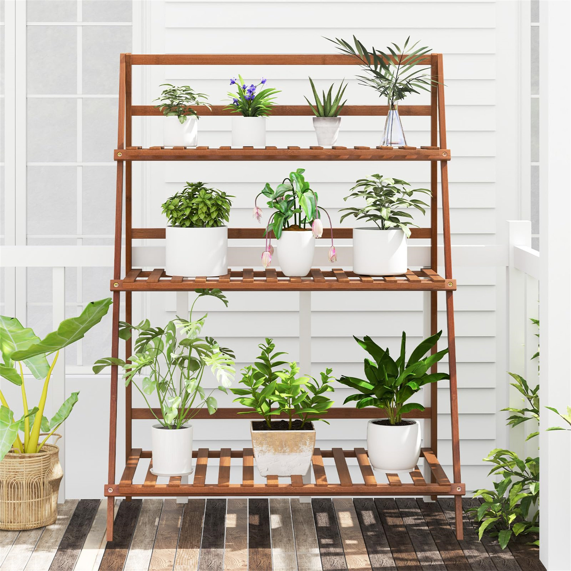 Latitude Run 3 Tier Bamboo Plant Stand, Multi Layer Folding Flower Pots