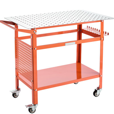 Table de soudage supportant une charge statique de 363 kg (800 lb), dimensions 101,6 cm x 61 cm (40 po x 24 po), cadre en acier au carbone, 216 trous de fixation de 15,8 mm (5/8 po), rangement à double niveau, porte-outils latéral, 11 crochets, 4 roues dont 2 avec freins, couleur orange pour une finition impeccable.