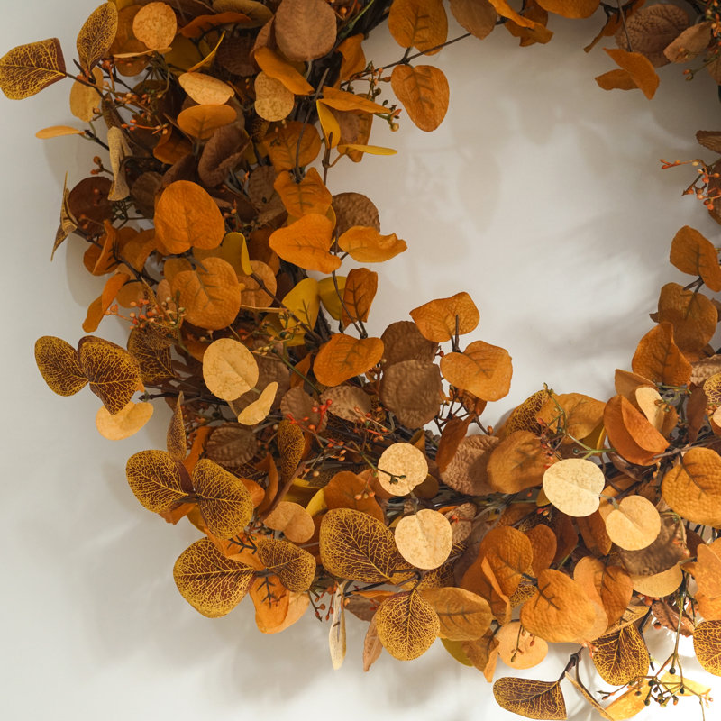 Couronne d'eucalyptus artificiel d'automne de 26 pouces, couronne de récolte de feuillage d'automne doré