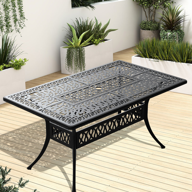 Table de patio en aluminium coulé avec cadre noir, 57,3 po x 33,99 po, ouverture de parasol, 6 tables d'extérieur de 57,3 po x 33,99 po avec structure, trou, espace pour 6 convives