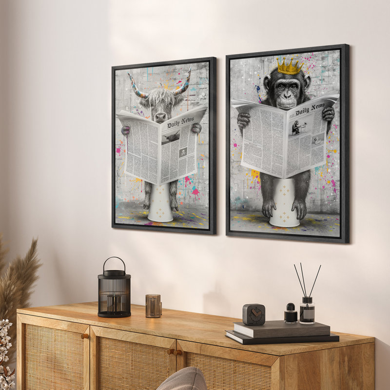 Reproduction d'art journal sur toile, impression de vaches et de singes des montagnes des Graffiti pour une salle de bain moderne urbaine ou un loft
