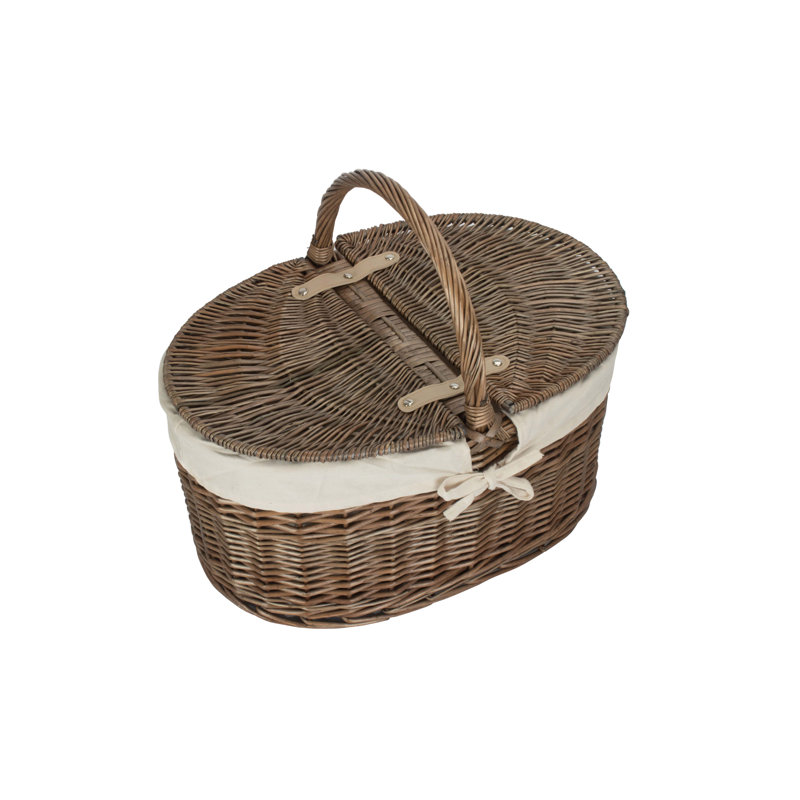 Wicker Deep Oval Picnic Basket with Lining, Antique Wash/White