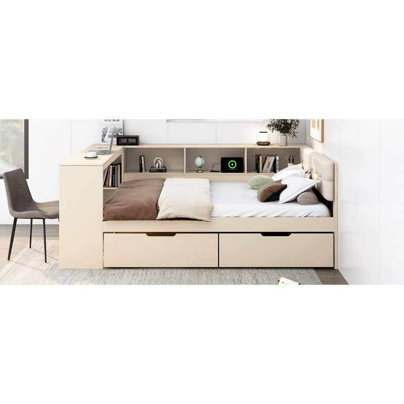 Lit plateforme en bois avec tête de lit tapissier crème avec rangement, station de charge et tiroirs, Lit double
