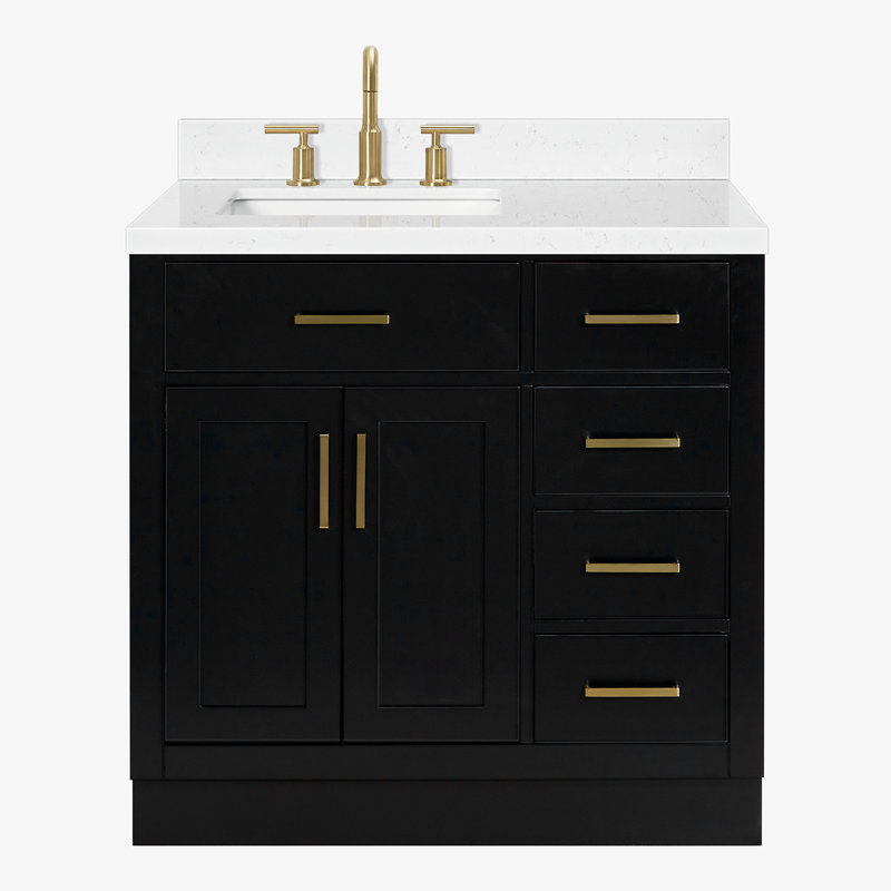 Meuble-lavabo simple en bois massif 36 po Tidworth avec plateau en quartz Carrara de 1,5 po, Gauche, Forme rectangulaire