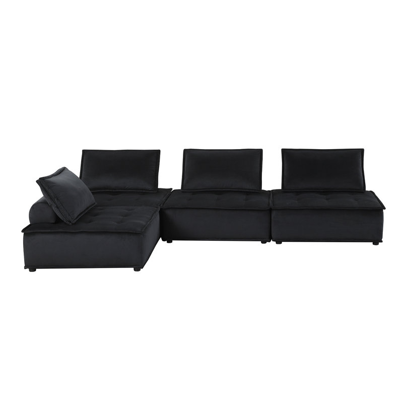 Canapé modulaire 4 pièces avec siège capitonné, Velours noir, H 29 po x l 120 po x P 80 po