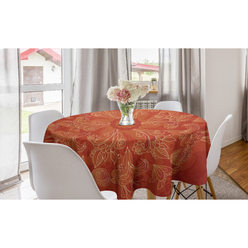 Ambesonne Red Mandala Round Tablecloth, Vibrant Colored Doodle Style Nature Romantic Abstract Bouquet Art, Circle Table Cloth Cover For Dining Room Kitchen Decoration, 60", Scarlet Orange