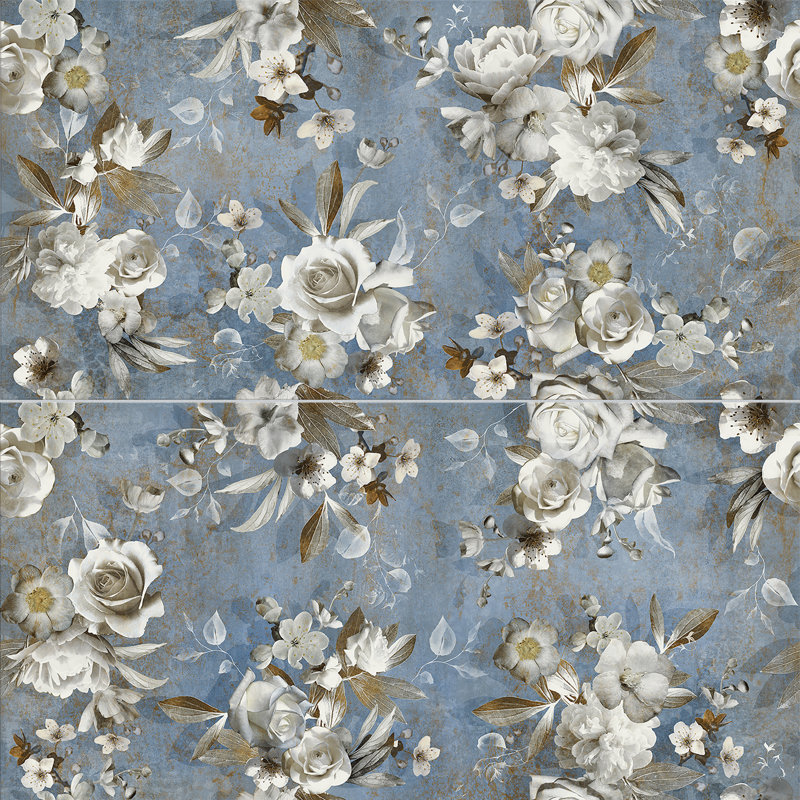 Carreau de porcelaine naturel / floral 24 po x 47 po Parete Setoso, Bleu / blanc
