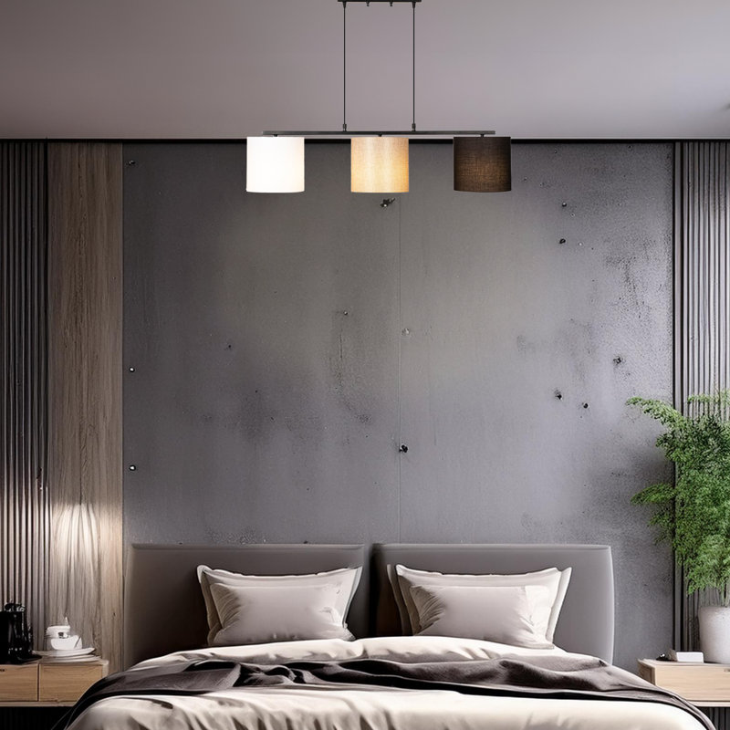 Luminaire suspendu pour îlot de cuisine 3 lumières à hauteur réglable avec capuchon en tissu, Blanc / crème / noir