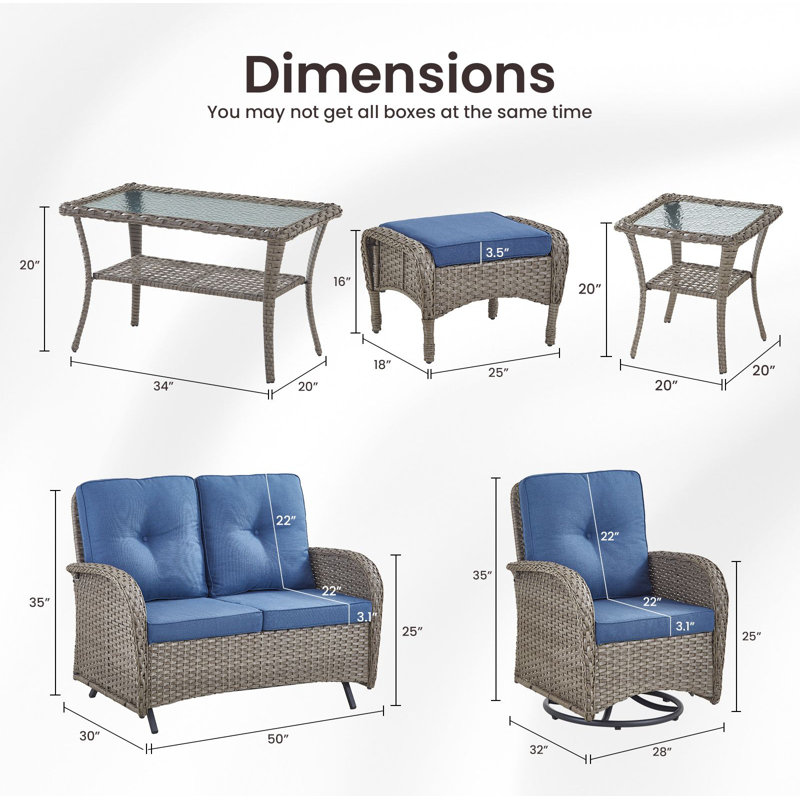 Valierius 7-Piece Outdoor Wicker Patio Furniture With Loveseat Glider, Rattan Coversation Set With Water Resistant Cushions