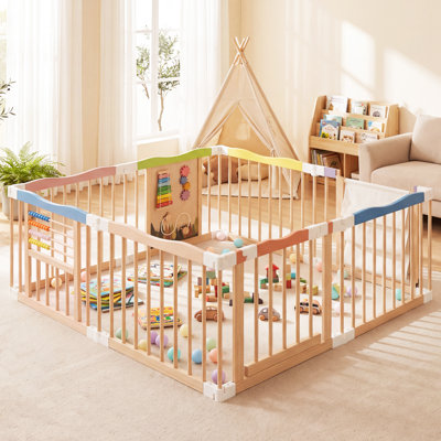 Parc pour bébé 8 panneaux en pin massif avec barrière verrouillable et jouets interactifs