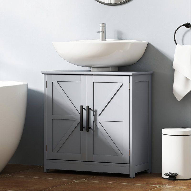 Armoire de rangement à piédestal, lavabo de salle de bain avec 2 portes de grange et tablette réglable, gris foncé (sans lavabo)