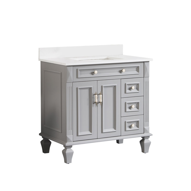 35'' H X 36'' W Solid Wood Bath Vanity with Stain-resistant Carrera Quartz Top and Single Sink, Titanium Gray