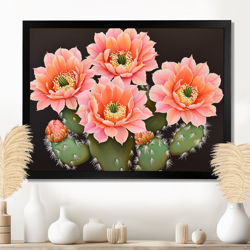«Rose and Orange Cactus Bloom III - Floral Cactus», reproduction d'art murale, H 12 po x l 20 po, Noir