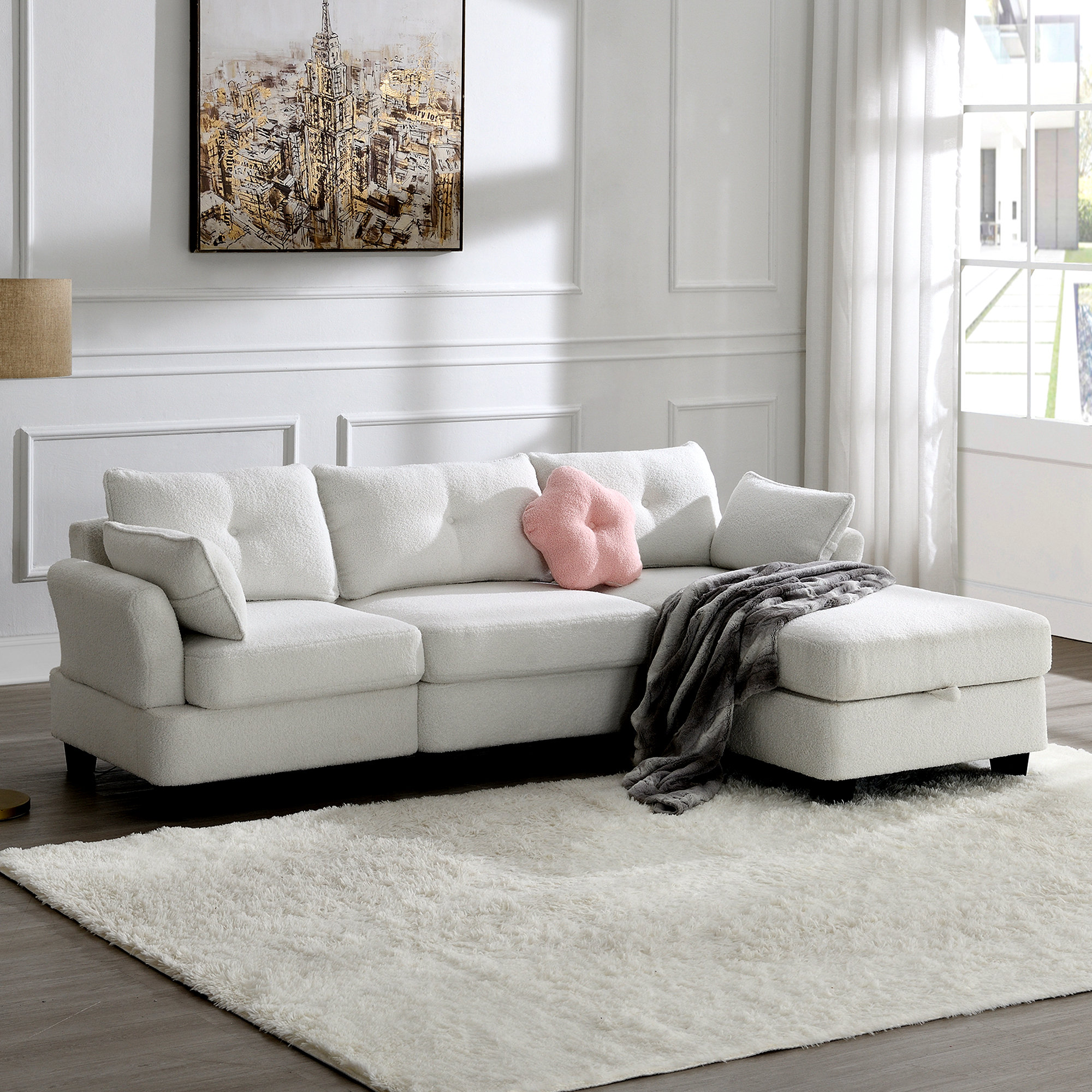 Latitude Run Modern Teddy Velvet Sectional Sofa Charging Ports