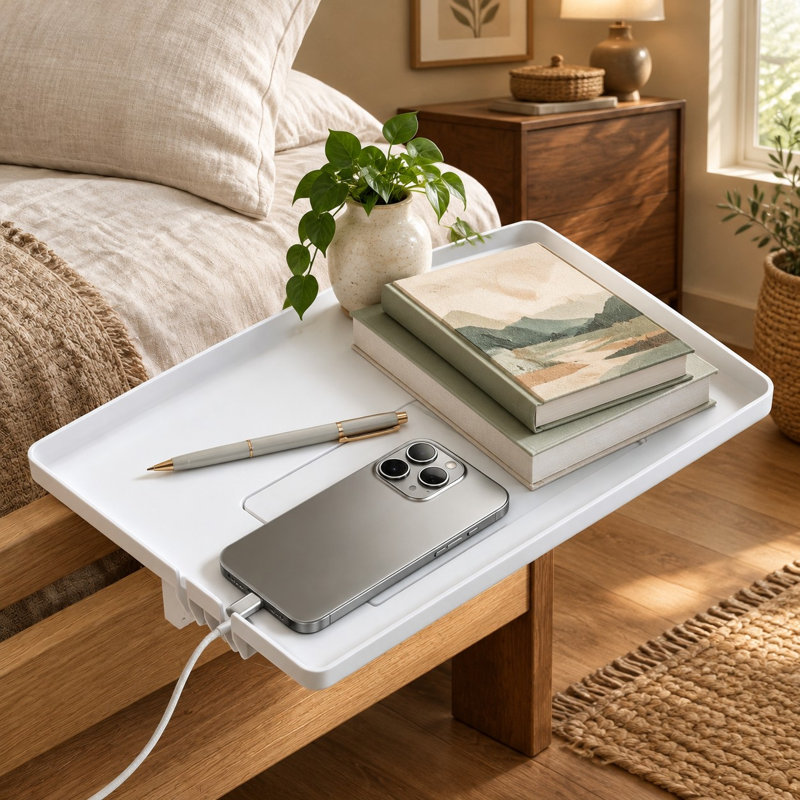 Étagère de chevet blanche à pince pour chambres d'étudiants et lits superposés, dimensions : 13 x 9,5 cm, avec rangement dissimulé et gestion des câbles ; compatible avec les barres de lit jusqu'à 7,4 cm d'épaisseur.