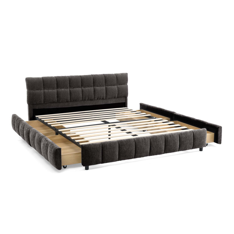 Upholstered Bed with Thick Fabric, Floor Bed, Beige, Grand lit, Non